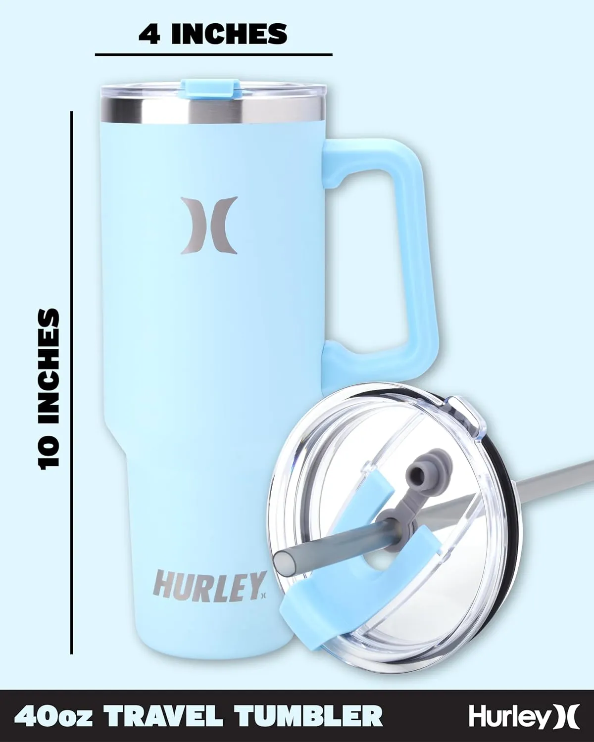 Hurley Tumbler Thermos - 40oz Double Wall Vacuum Insulated Travel Mug with Handle - BPA Free Stainless Steel Water Bottle - Leak Proof Hot and Cold Coffee Car Cup, Size 40 Ounces