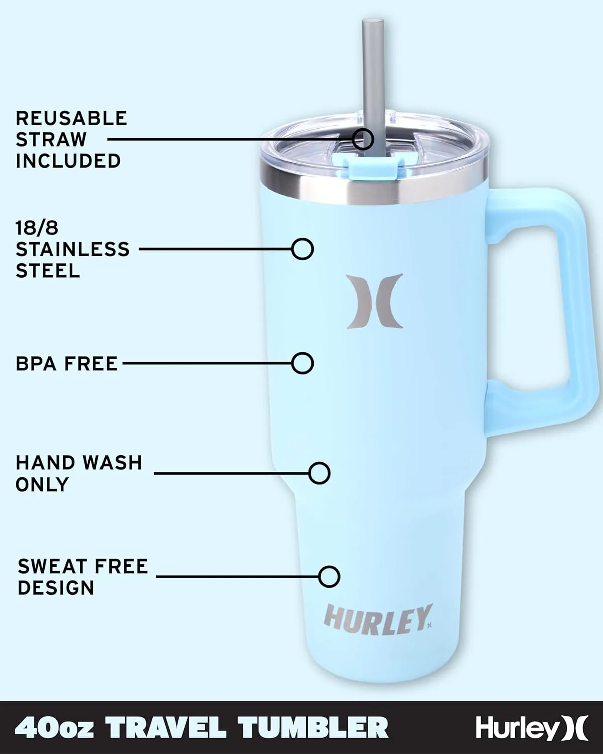 Hurley Tumbler Thermos - 40oz Double Wall Vacuum Insulated Travel Mug with Handle - BPA Free Stainless Steel Water Bottle - Leak Proof Hot and Cold Coffee Car Cup, Size 40 Ounces