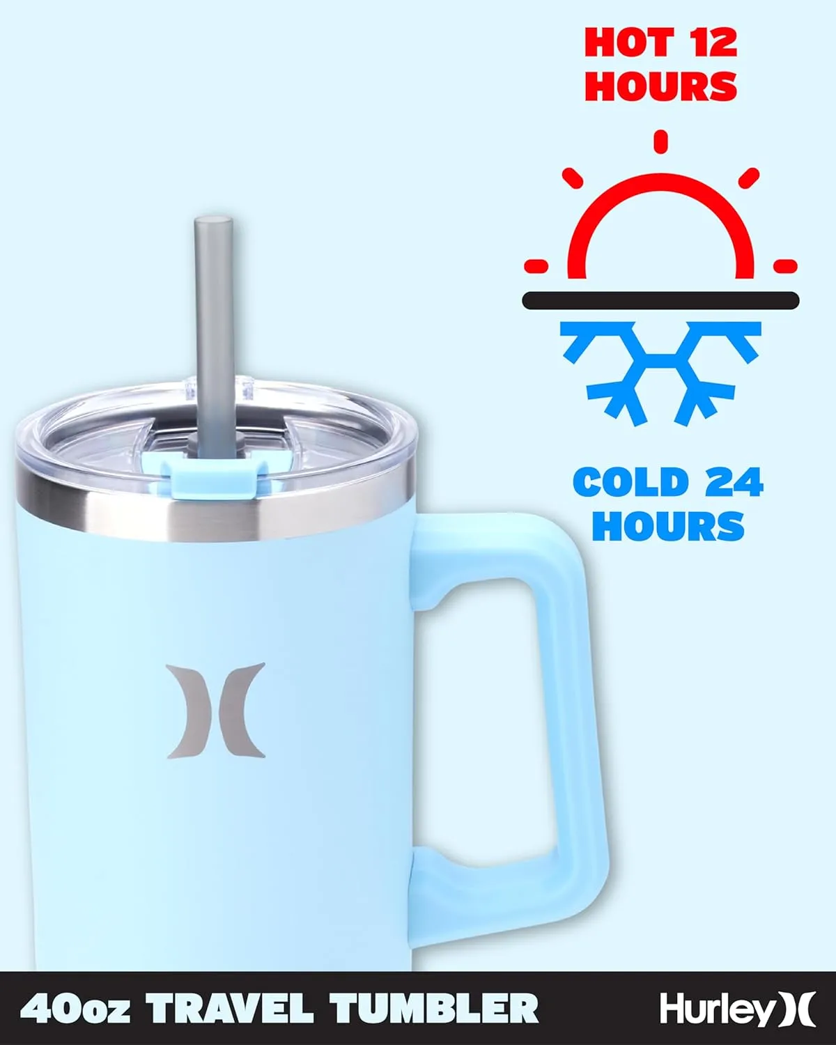Hurley Tumbler Thermos - 40oz Double Wall Vacuum Insulated Travel Mug with Handle - BPA Free Stainless Steel Water Bottle - Leak Proof Hot and Cold Coffee Car Cup, Size 40 Ounces