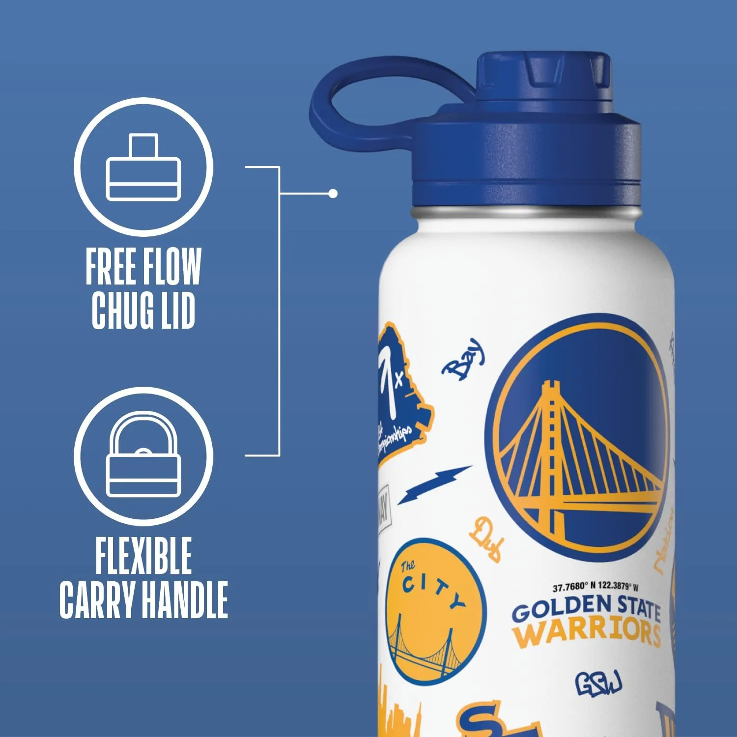 Hydrapeak x NBA Officially Licensed 32 oz Active Water Bottle with Chug Lid Reusable Stainless Steel Double Wall Insulated Sports Gift (Golden State Warriors)