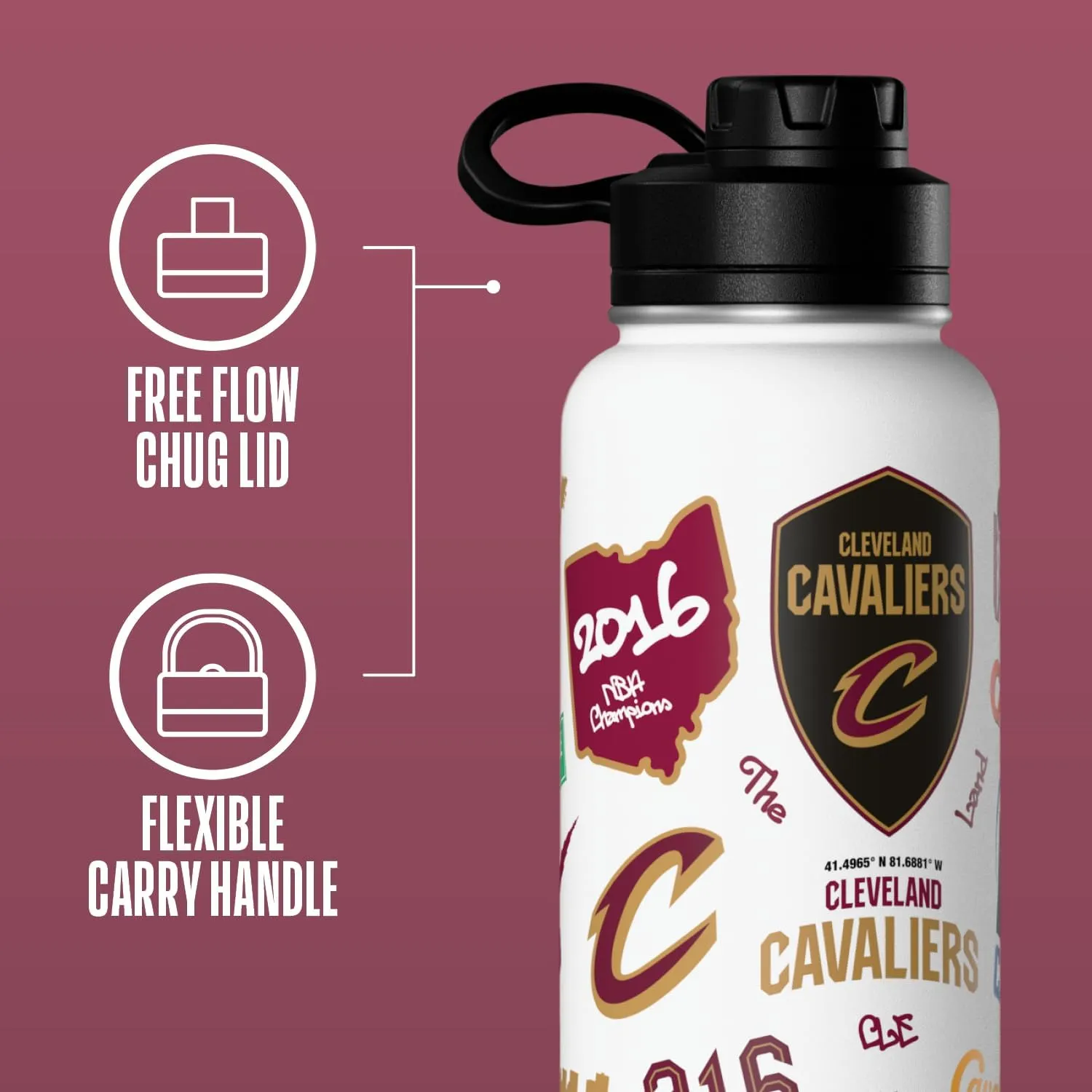 Hydrapeak x NBA Officially Licensed Cleaveland Cavaliers 32oz Active Water Bottle Chug Lid Stainless Steel Reusable Double Wall Celebrating The City Of Cleaveland