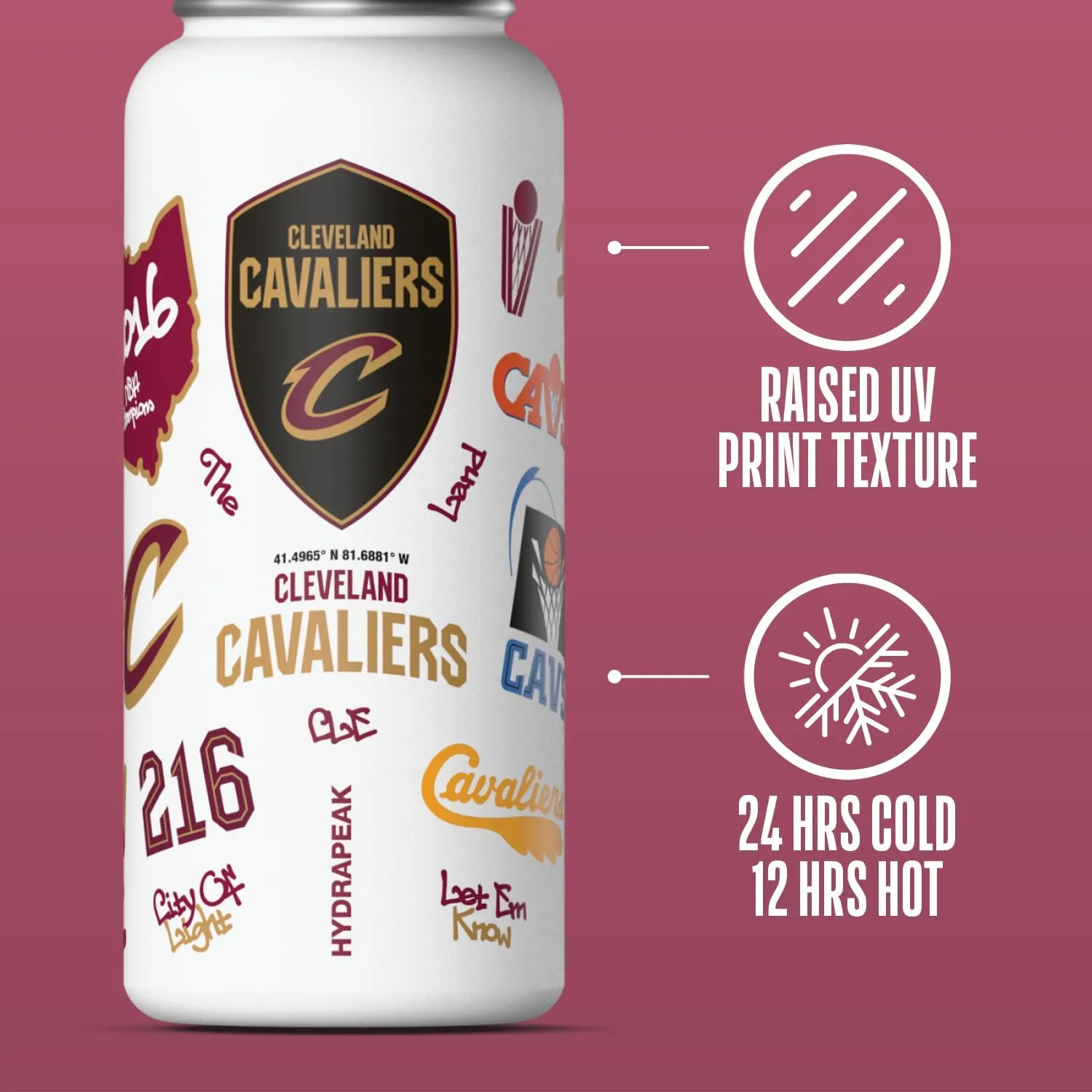 Hydrapeak x NBA Officially Licensed Cleaveland Cavaliers 32oz Active Water Bottle Chug Lid Stainless Steel Reusable Double Wall Celebrating The City Of Cleaveland