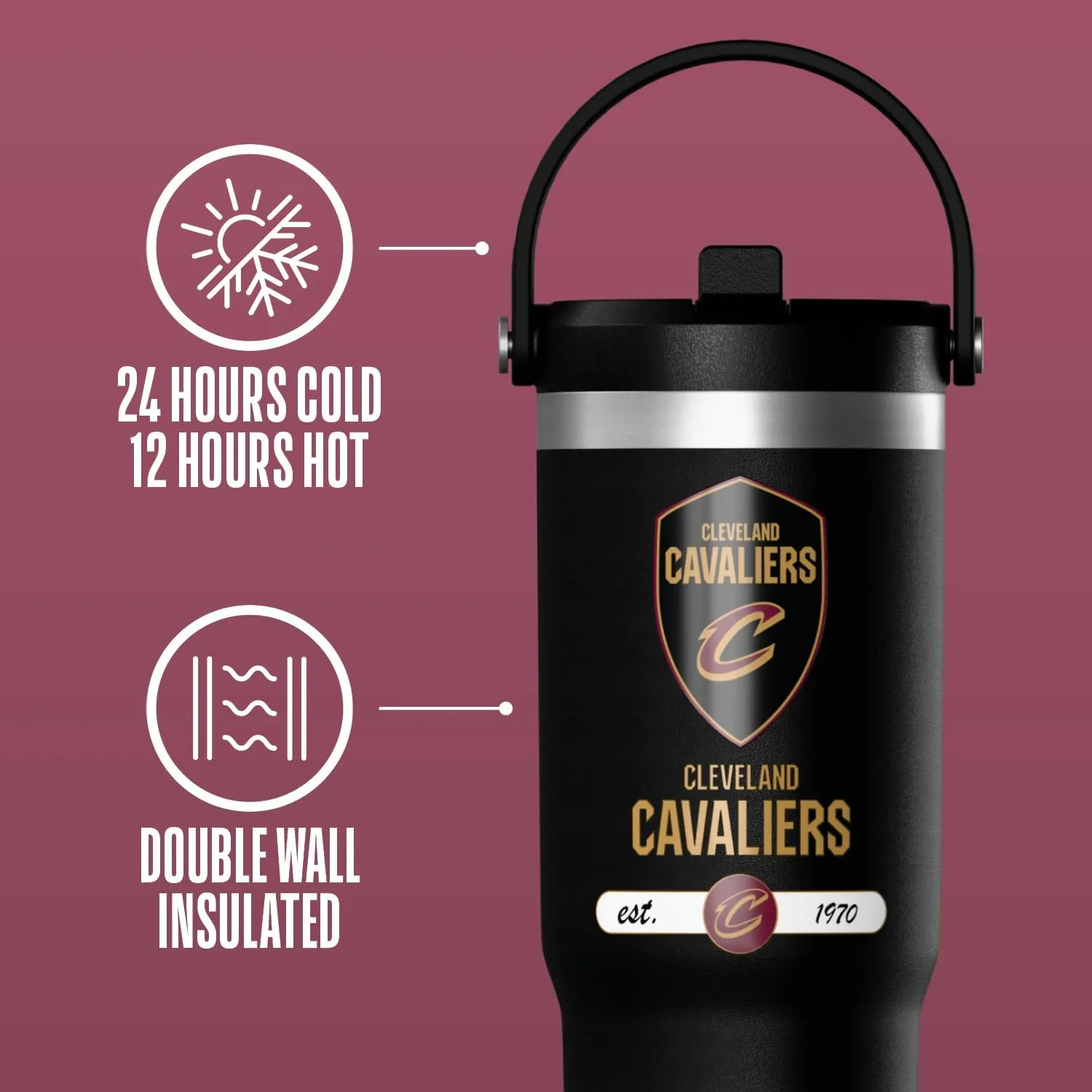 Hydrapeak x NBA Officially Licensed Cleveland Cavaliers 32 oz Nomad Tumbler with Handle and Straw Lid, Leakproof Stainless Steel Water Bottle