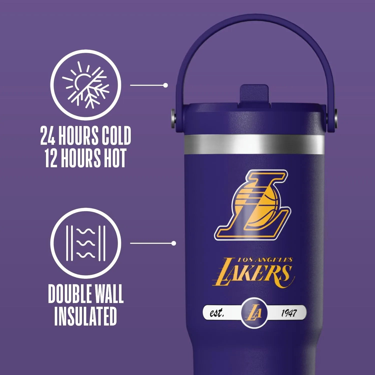 Hydrapeak x NBA Officially Licensed Los Angeles Lakers 32 oz Nomad Tumbler with Handle and Straw Lid, Leakproof Stainless Steel Water Bottle
