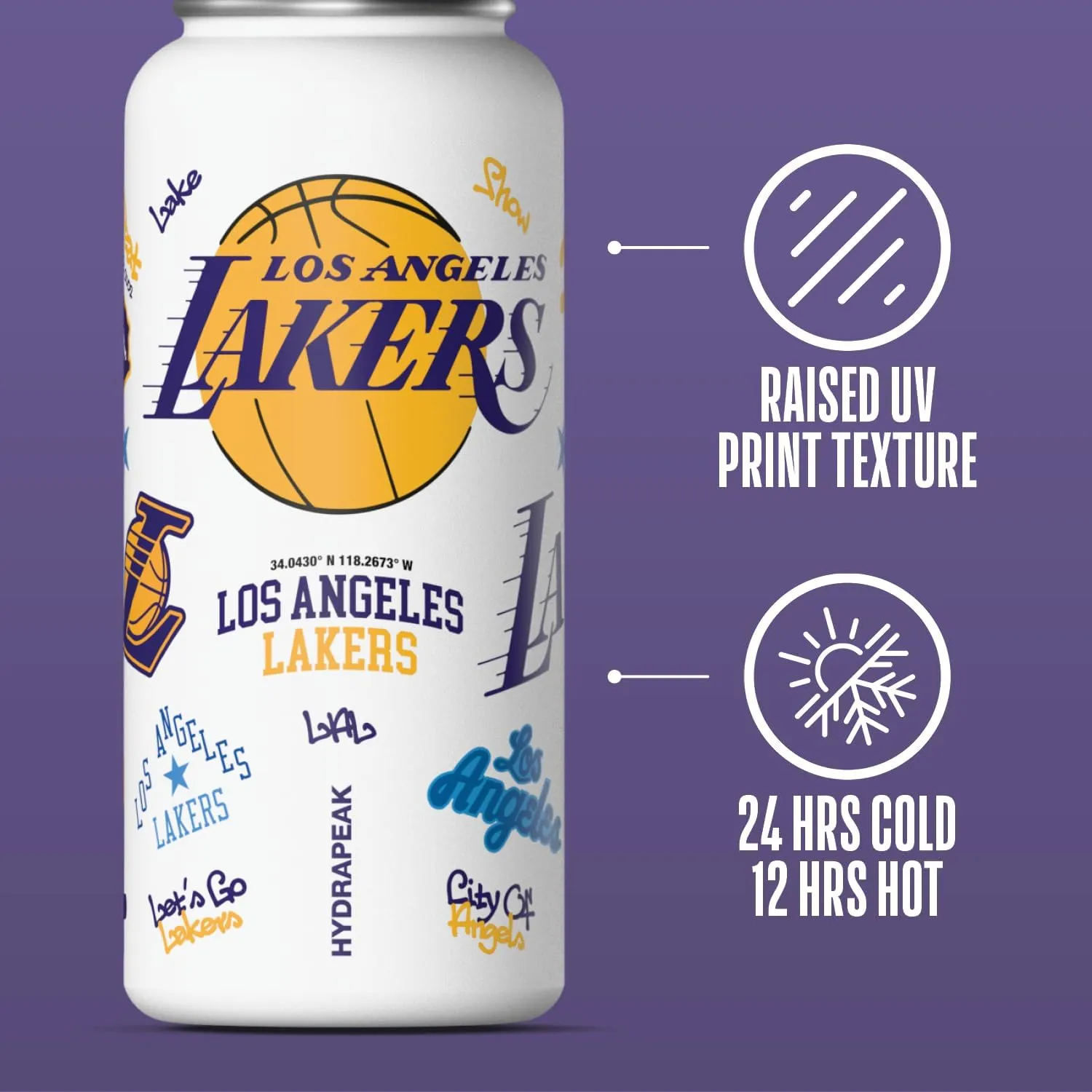 Hydrapeak x NBA Officially Licensed Los Angeles Lakers 32oz Active Water Bottle Chug Lid Stainless Steel Reusable Double Wall Celebrating The City Of Los Angeles