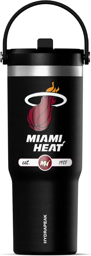 Hydrapeak x NBA Officially Licensed Miami Heat 32 oz Nomad Tumbler with Handle and Straw Lid, Leakproof Stainless Steel Water Bottle