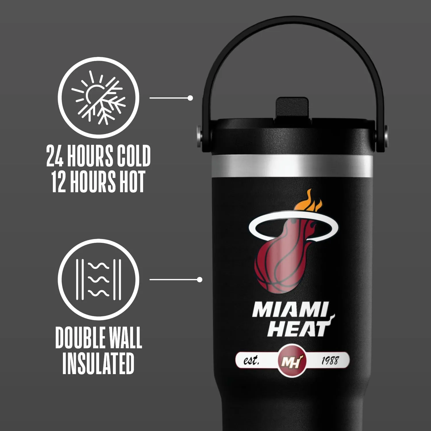 Hydrapeak x NBA Officially Licensed Miami Heat 32 oz Nomad Tumbler with Handle and Straw Lid, Leakproof Stainless Steel Water Bottle