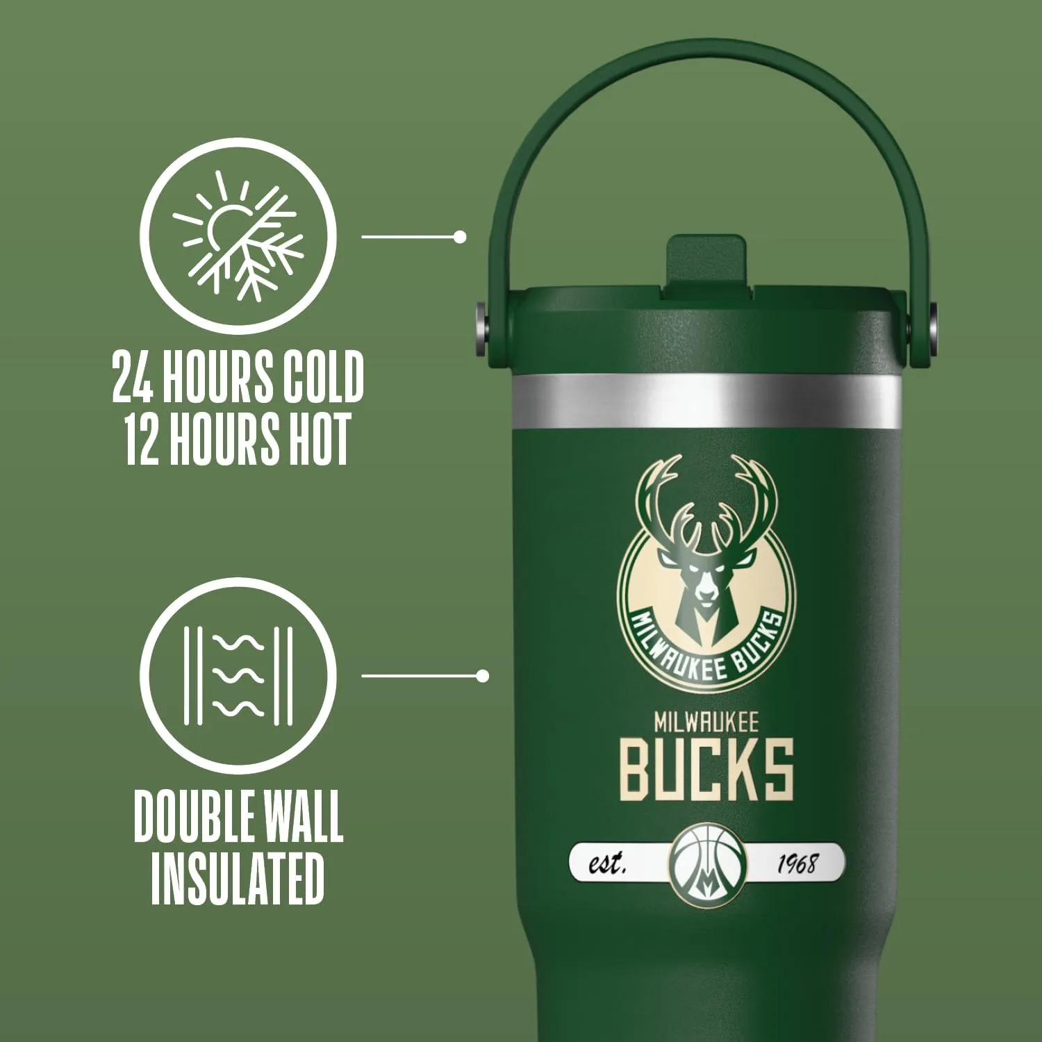 Hydrapeak x NBA Officially Licensed Milwaukee Bucks 32 oz Nomad Tumbler with Handle and Straw Lid, Leakproof Stainless Steel Water Bottle