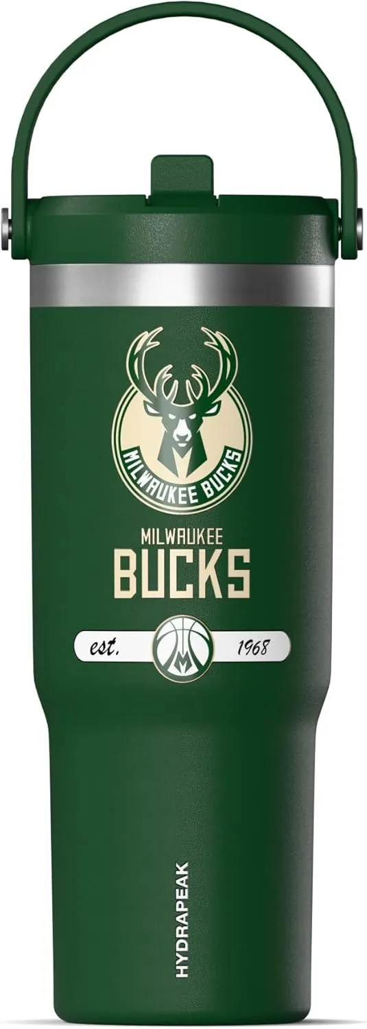 Hydrapeak x NBA Officially Licensed Milwaukee Bucks 32 oz Nomad Tumbler with Handle and Straw Lid, Leakproof Stainless Steel Water Bottle