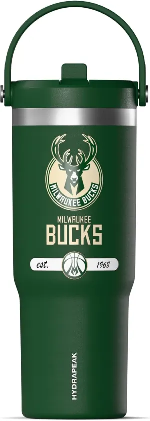 Hydrapeak x NBA Officially Licensed Milwaukee Bucks 32 oz Nomad Tumbler with Handle and Straw Lid, Leakproof Stainless Steel Water Bottle