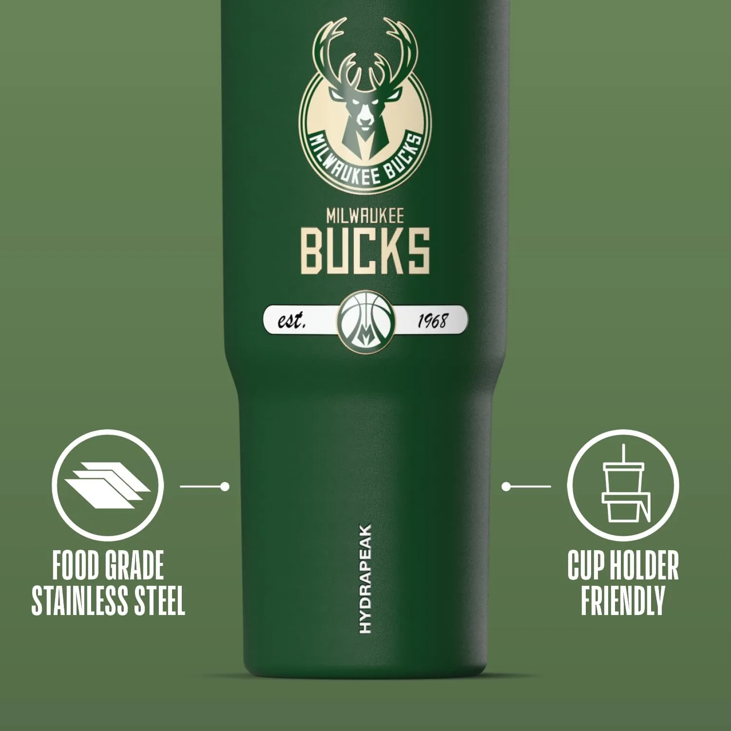 Hydrapeak x NBA Officially Licensed Milwaukee Bucks 32 oz Nomad Tumbler with Handle and Straw Lid, Leakproof Stainless Steel Water Bottle