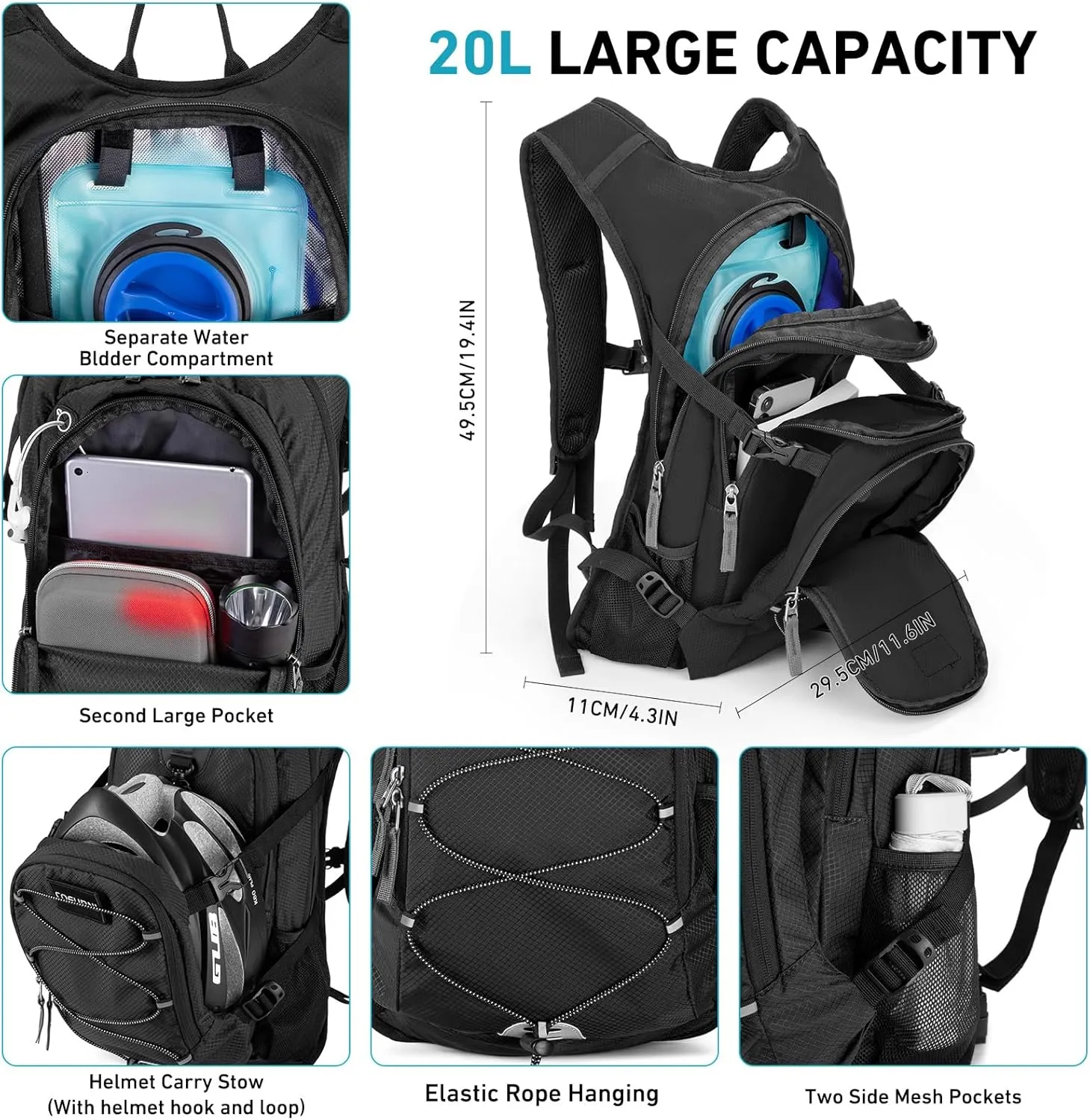 Hydration Backpack 20L with Water Bladder 2L, Large Storage Hiking Daypack for Men Women, Lightweight Insulation Water Backpack for Biking, Running, Skiing, Trekking, Camping