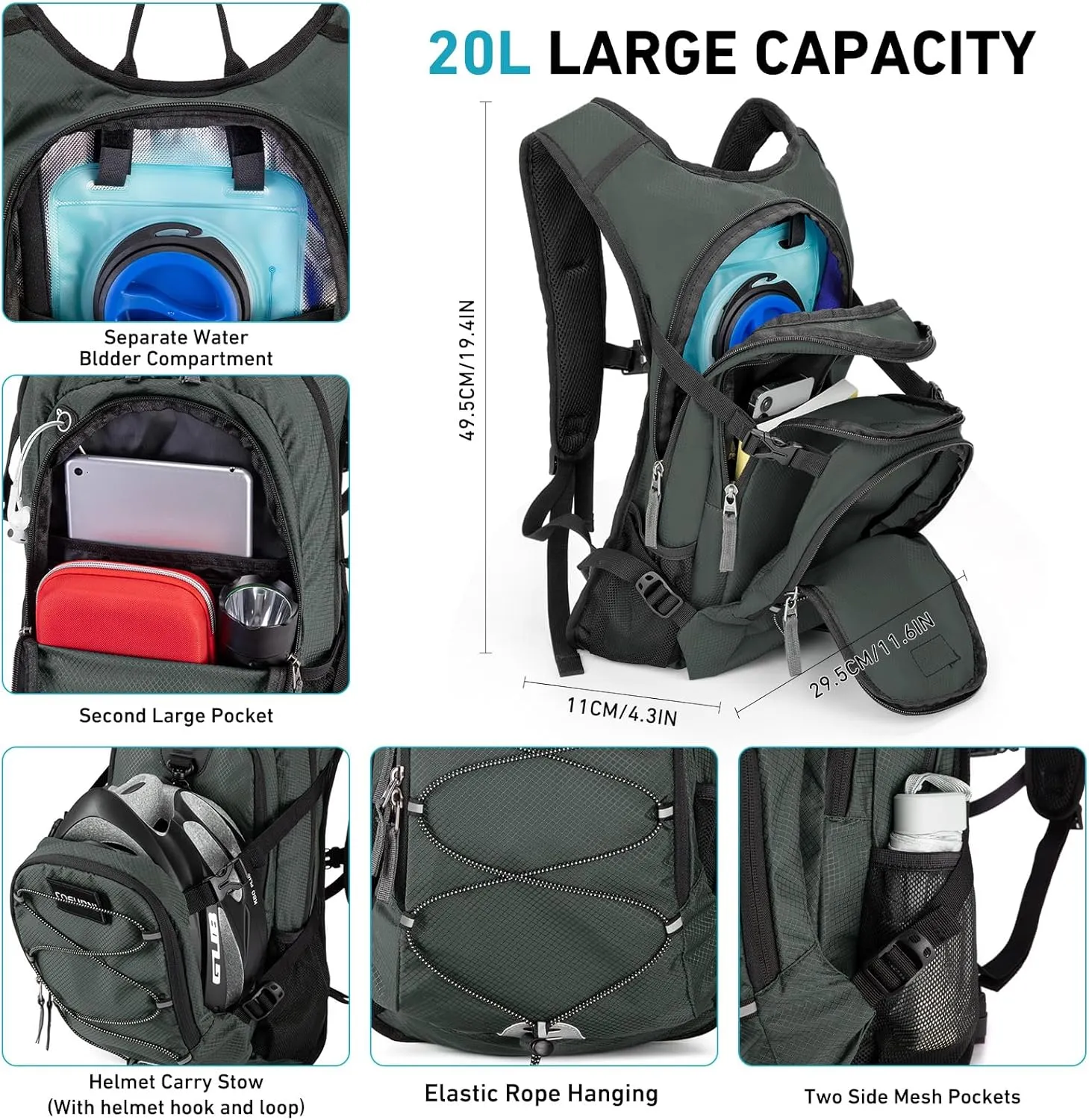 Hydration Backpack 20L with Water Bladder 2L, Large Storage Hiking Daypack for Men Women, Lightweight Insulation Water Backpack for Biking, Running, Skiing, Trekking, Camping