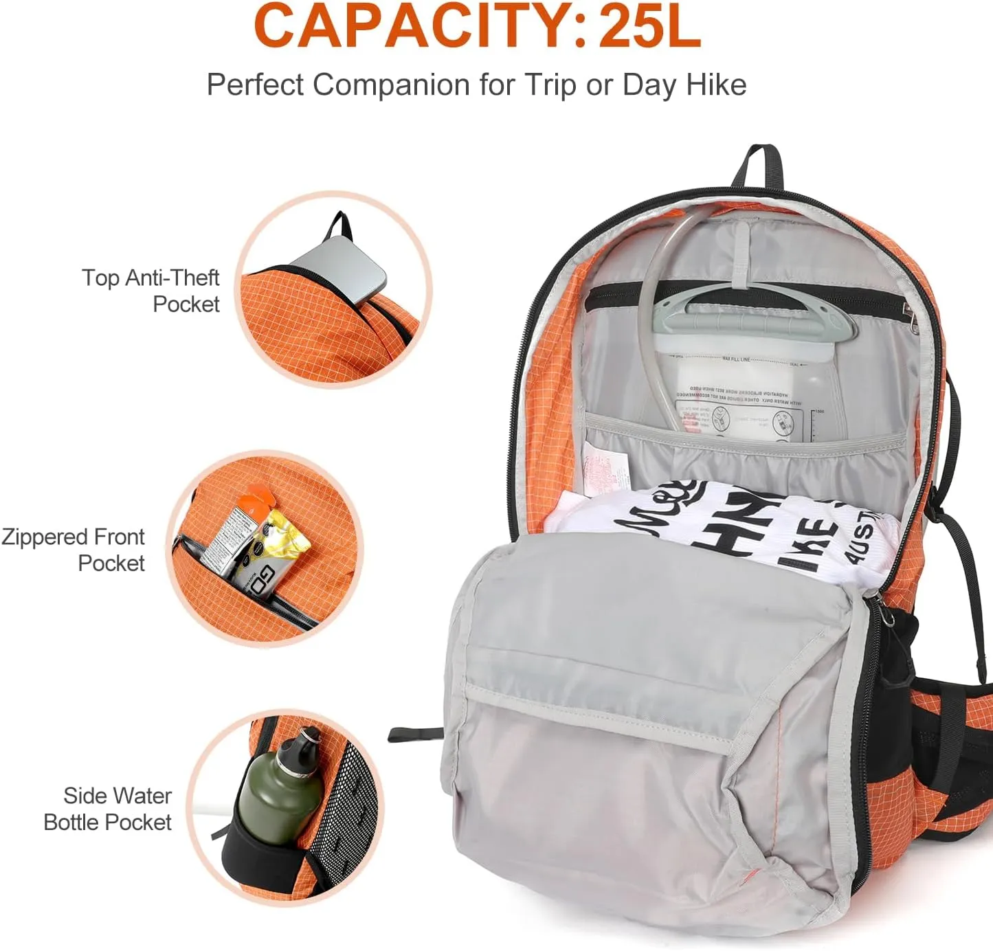 Hydration Backpack, 25L Hiking Backpack with 3L Water Bladder and Rain Cover, Hiking Water Backpack Men Women Lightweight Hydration Pack for Hiking, Cycling, Climbing, Camping