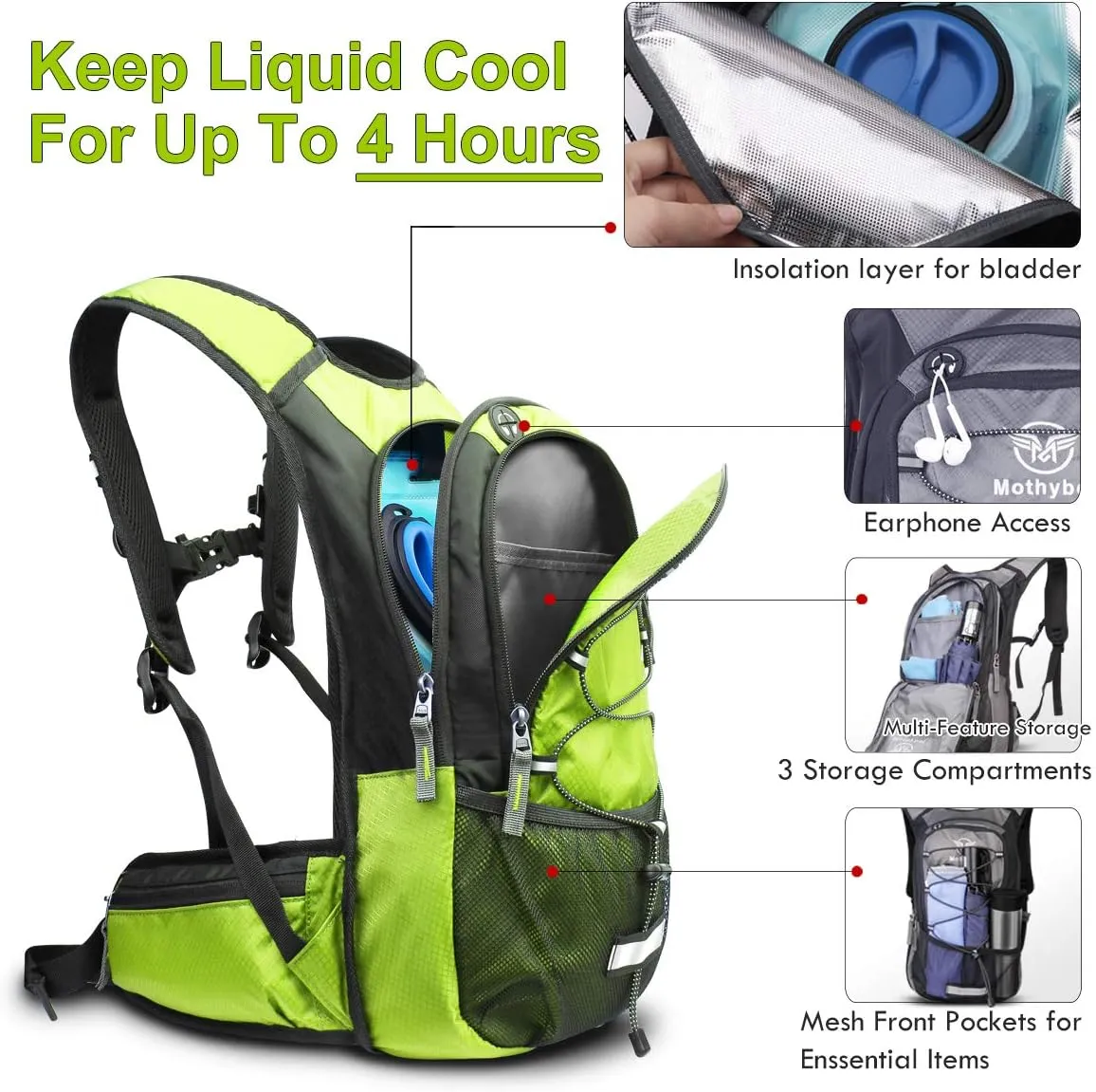 Hydration Pack, Insulated Hydration Backpack with 2L BPA Free Water Bladder and Storage, Hiking Backpack for Men, Women, Kids for Running, Cycling, Camping - Keep Liquid Cool up to 5 Hours
