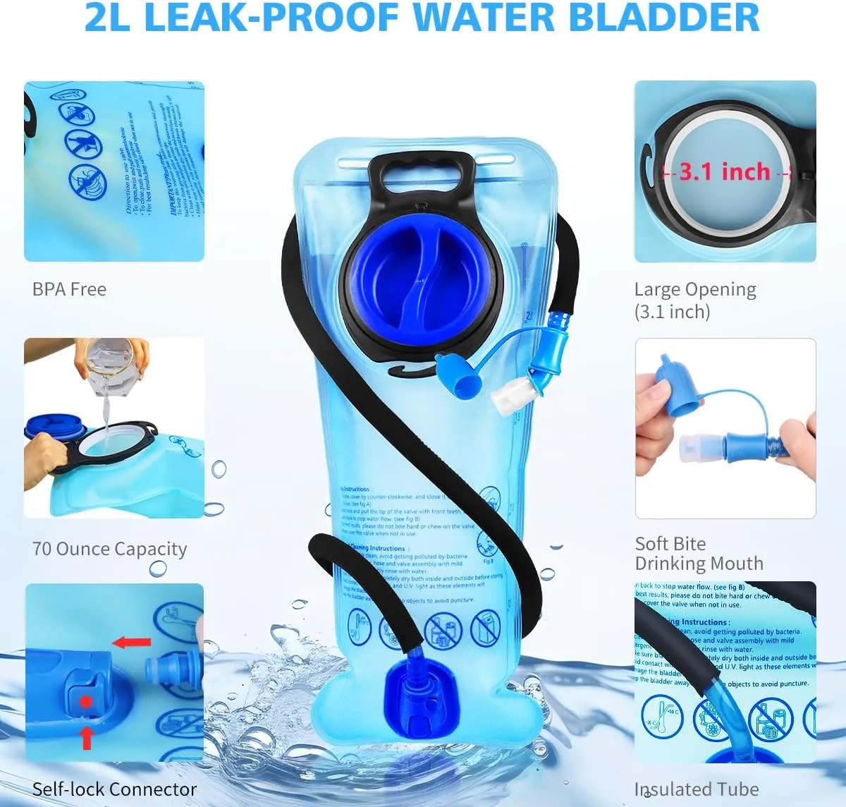 Hydration Pack, Insulated Hydration Backpack with 2L Hydration Bladder, Hiking Backpack for Men Women Kids, Water Backpack for Hiking, Running, Cycling, Camping