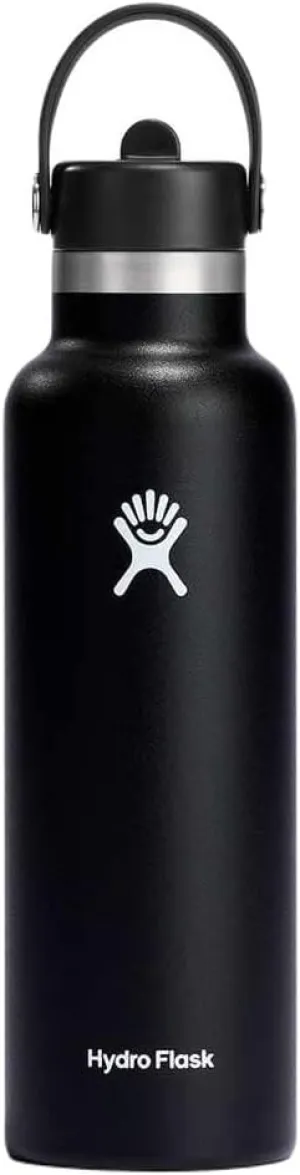 HYDRO FLASK - Water Bottle 621 ml (21 oz) with Flex Straw Cap - Vacuum Insulated Stainless Steel Reusable Water Bottle - Leakproof Lid - Hot and Cold Drinks - Standard Mouth - BPA-Free - Black