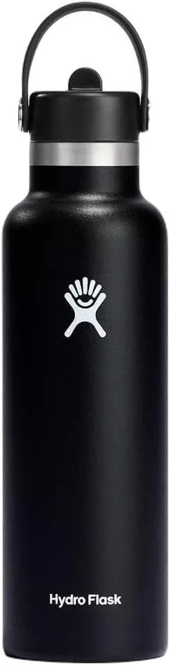 HYDRO FLASK - Water Bottle 621 ml (21 oz) with Flex Straw Cap - Vacuum Insulated Stainless Steel Reusable Water Bottle - Leakproof Lid - Hot and Cold Drinks - Standard Mouth - BPA-Free - Black