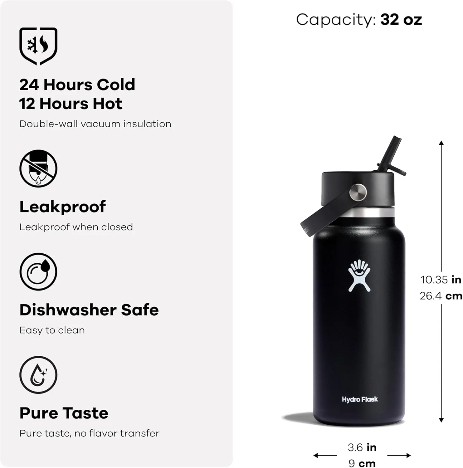 Hydro Flask Water Bottle - Insulated Stainless Steel - Wide Straw Lid, Non Spill, Leakproof in 32 Oz Birch Gray