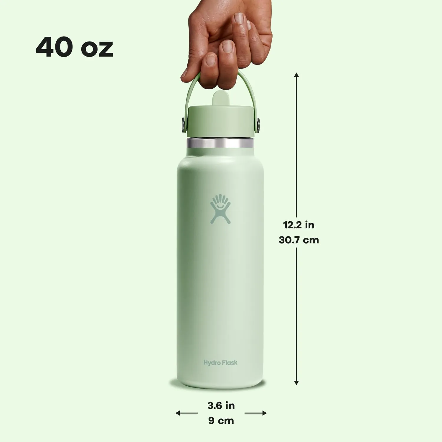 Hydro Flask Water Bottle - Insulated Stainless Steel - Wide Straw Lid, Non Spill, Leakproof in 40Oz Aloe Green