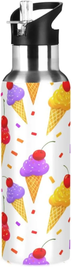 Ice Cream Sports Water Bottle with Straw, 22oz BPA Free Stainless Steel Vacuum Insulated Bottle for Gym Fitness Outdoor