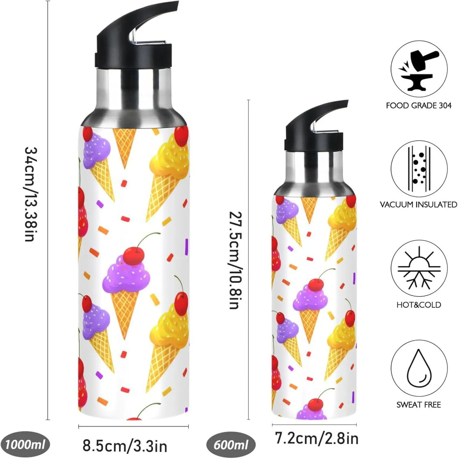 Ice Cream Sports Water Bottle with Straw, 22oz BPA Free Stainless Steel Vacuum Insulated Bottle for Gym Fitness Outdoor