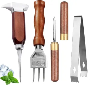 Ice Pick Set of 4 Stainless Steel Ice Chipper with Wood Handle, Japanese style Ice Crusher Ice Tong ideal for Bars, Bartender. Best Carving Tool (4PCS SET)…
