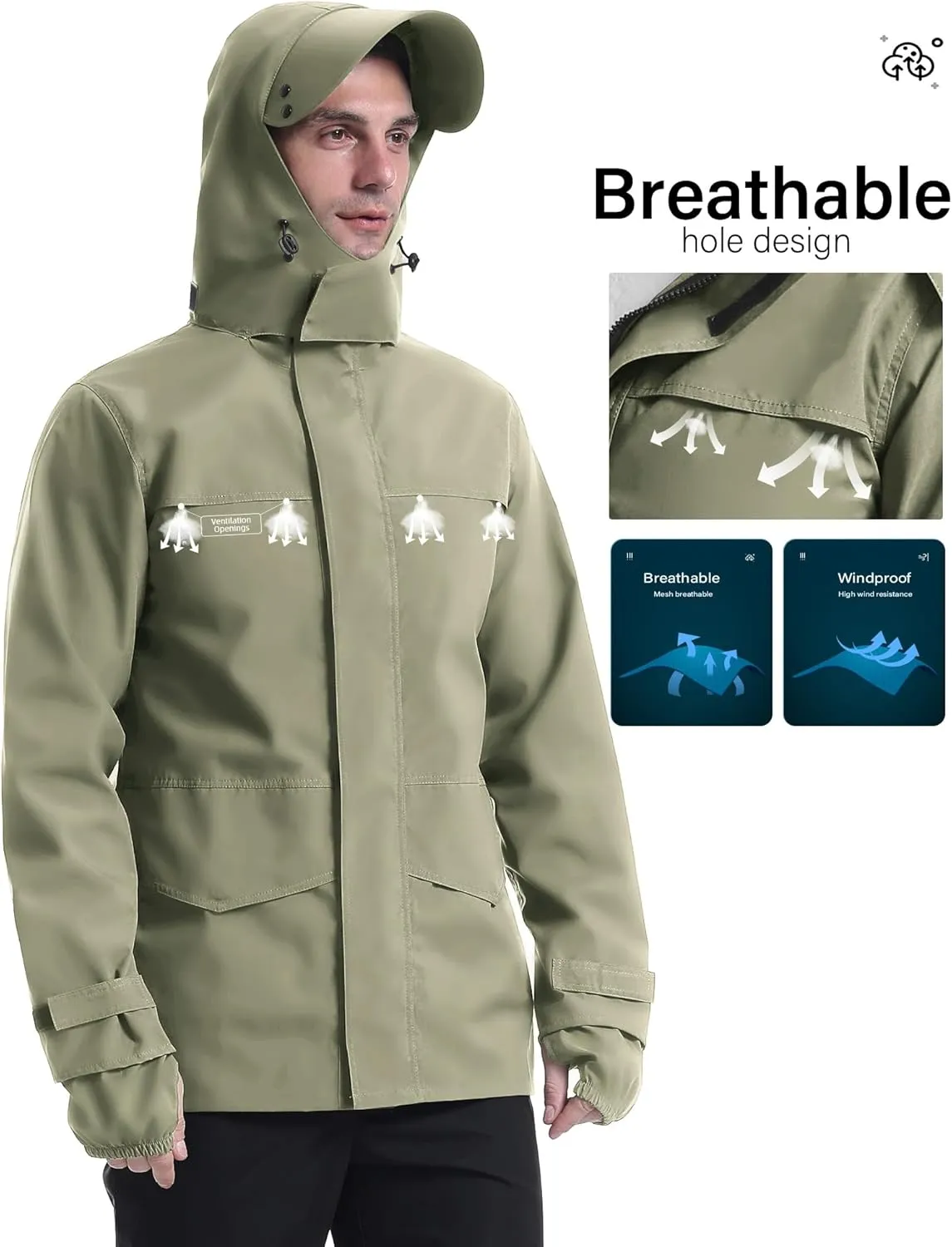 iCreek Rain Jacket Men's Lightweight with Hood Packable Waterproof Raincoat Breathable Antistorm Jacket Windbreaker