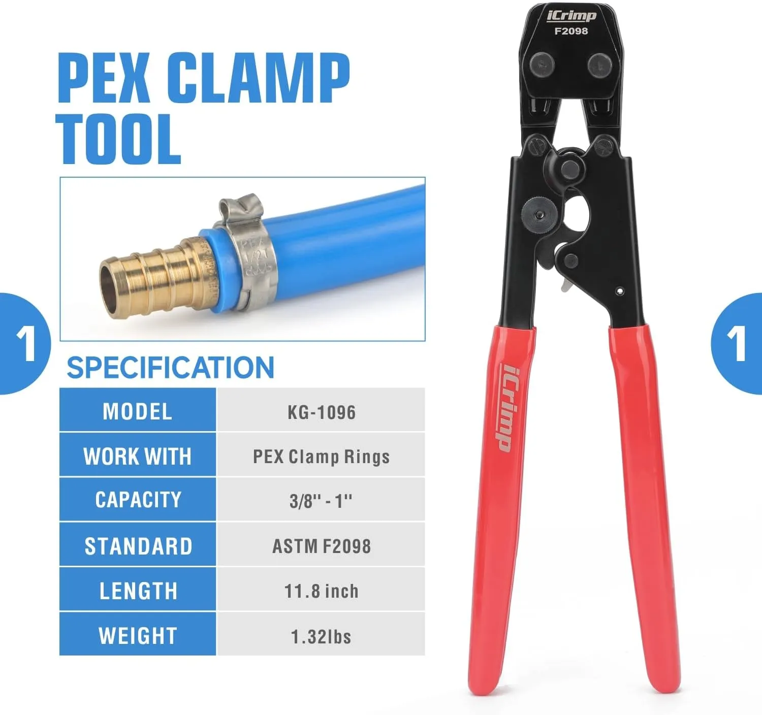 iCrimp 3/8 to 1 inch Cinch Clamp Crimping Tool Kit, With 1/2 inch Cinch Clamp Rings(20 Pack) and Brass Fittings(12 Pack), PEX Tubing Cutter