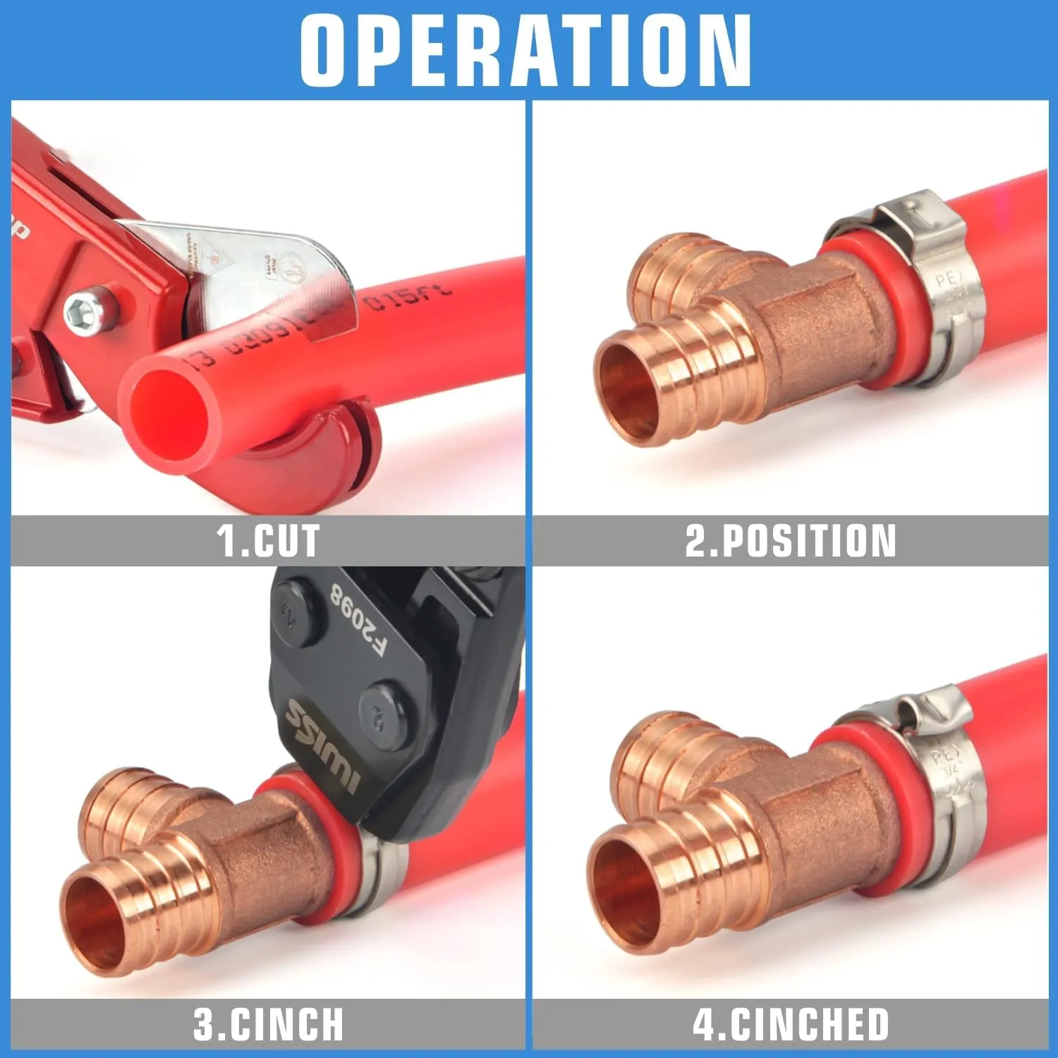 iCrimp 3/8 to 1 inch Cinch Clamp Crimping Tool Kit, With 1/2 inch Cinch Clamp Rings(20 Pack) and Brass Fittings(12 Pack), PEX Tubing Cutter