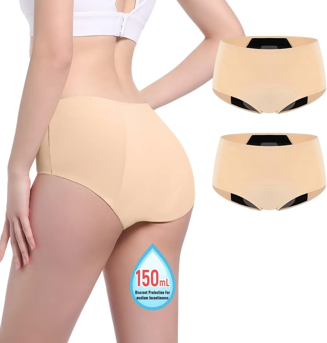 Incontinence Underwear for Women 150ml High Absorbent Leak Proof Underwear for Women Washable Women's Incontinence Panties for Incontinence Postpartum Bladder Leak 2 Pack Beige S