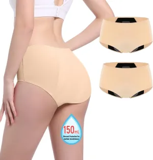 Incontinence Underwear for Women 150ml High Absorbent Leak Proof Underwear for Women Washable Women's Incontinence Panties for Incontinence Postpartum Bladder Leak 2 Pack Beige S