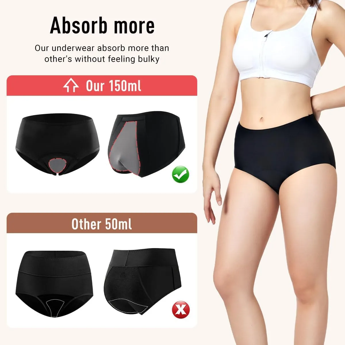 Incontinence Underwear for Women 150ml High Absorbent Leak Proof Underwear for Women Washable Women's Incontinence Panties for Incontinence Postpartum Bladder Leak 2 Pack Black/Dusty Rose 2XL