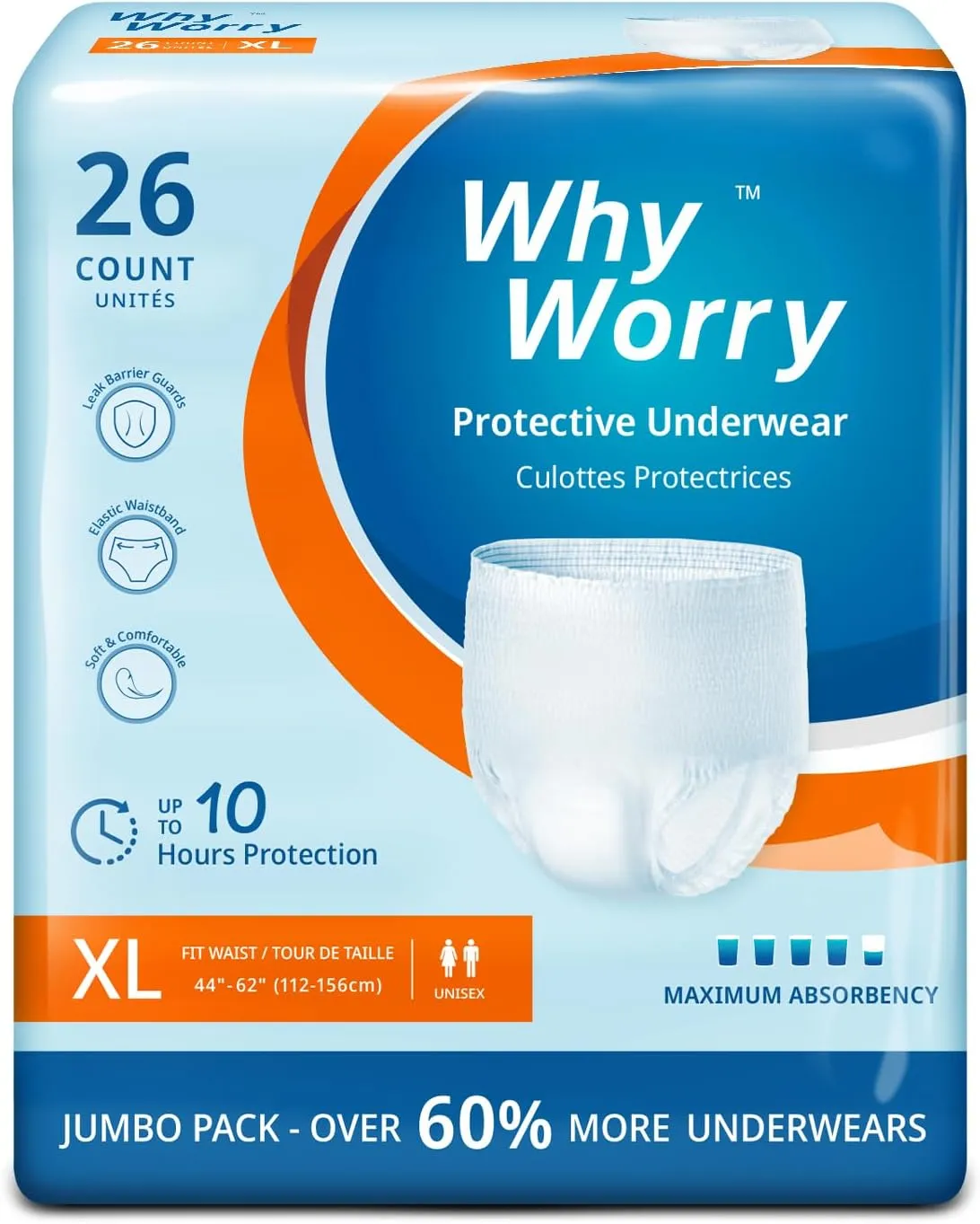 Incontinence Underwear for Women and Men, Disposable Adult Pull Ups with Overnight Absorbency, Leakproof, Unisex, XLarge, 26 Count