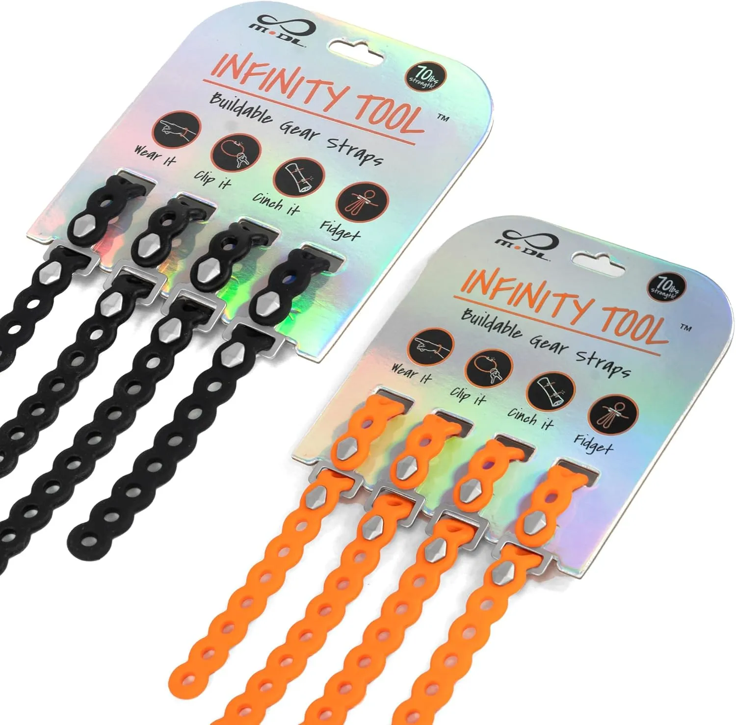 Infinity Tool™ 8-Pack (4 Black, 4 Neon Orange) - Flexible Multi-Tool, Utility Bracelet, Gear Strap, Wearable Gadget for Outdoor Adventure, Survival, Camping, Travel, EDC