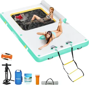 Inflatable Floating Dock, Inflatable Dock Floating Platform with Mesh, Non-Slip EVA Platform and Rope Ladder, Inflatable Water Floating Dock Island Raft for Boats, Pool, Lake, Beach, Ocean