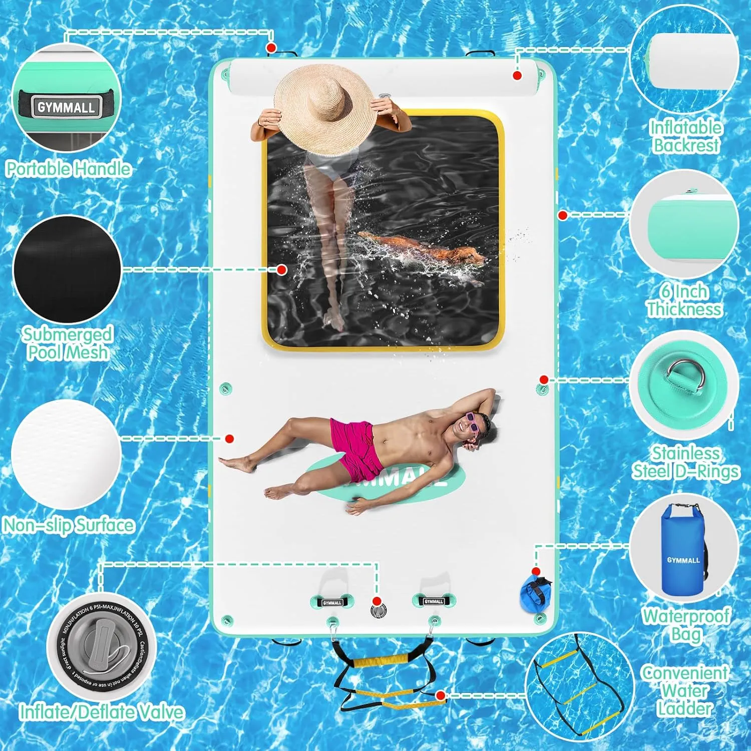 Inflatable Floating Dock, Inflatable Dock Floating Platform with Mesh, Non-Slip EVA Platform and Rope Ladder, Inflatable Water Floating Dock Island Raft for Boats, Pool, Lake, Beach, Ocean