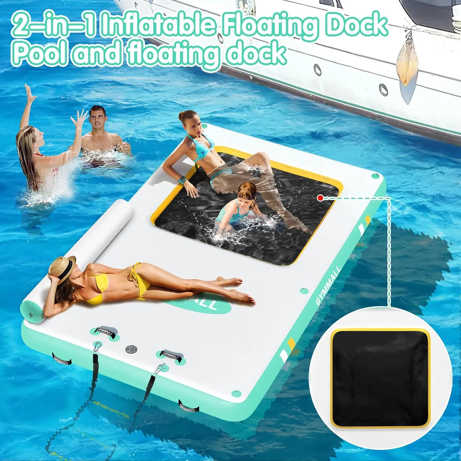 Inflatable Floating Dock, Inflatable Dock Floating Platform with Mesh, Non-Slip EVA Platform and Rope Ladder, Inflatable Water Floating Dock Island Raft for Boats, Pool, Lake, Beach, Ocean
