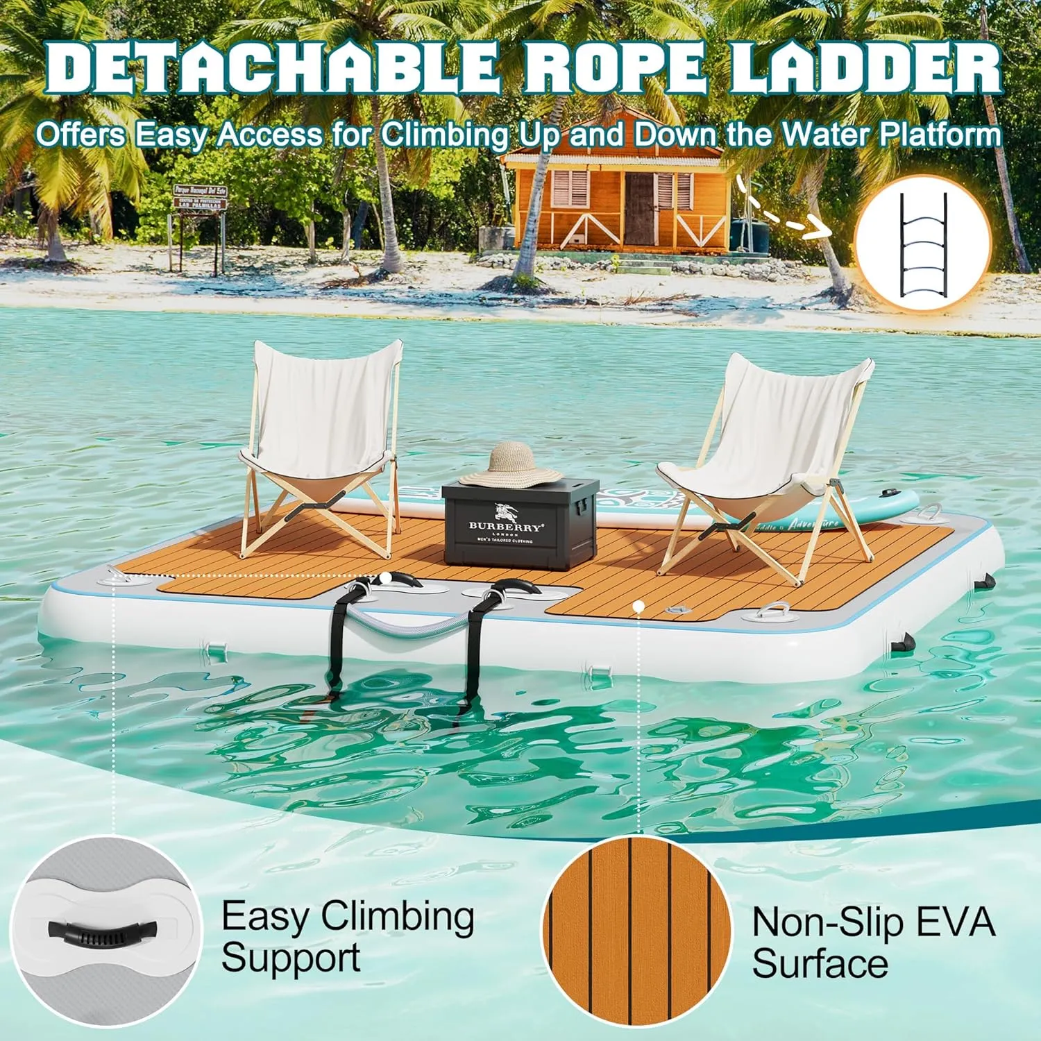 Inflatable Floating Dock, Non-Slip EVA Air Dock Platform loating Island Raft with Rope Ladder for Pool Lake Beach Ocean