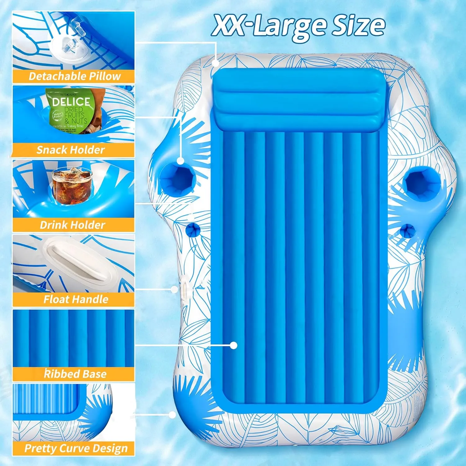 Inflatable Pool Lounger Float for Adults - JIANYHW X-Large Beach Sun Tan Tub Pool Lounge Raft Sunbathing Pool Floaties with 2 Food/Drink Holder, Blow Up Tanning Pool Bed Floating Mat