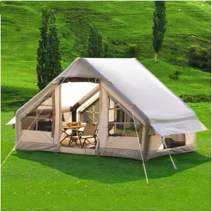 Inflatable Tent Camping Tent with Mesh Windows and Doors Large Blow Up Tent House with Hand Pump Waterproof Oxford Family Tent 4 Person Easy Setup Air Cabin Tent for Camping Outdoor
