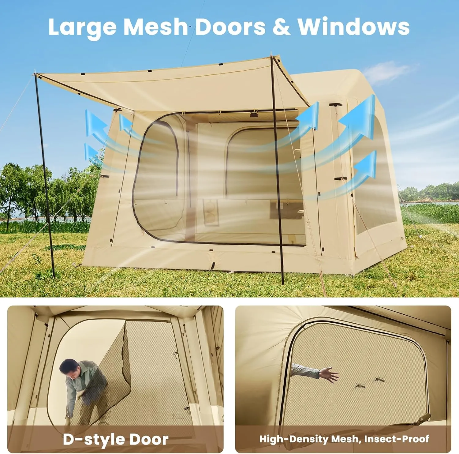 Inflatable Tents for Camping, Blow Up Tent with Hand Pump, Easy Setup Inflatable Hot Tent with Stove Jack, Waterproof Oxford Air Glamping Tents for Camping Adult 4-6 Person