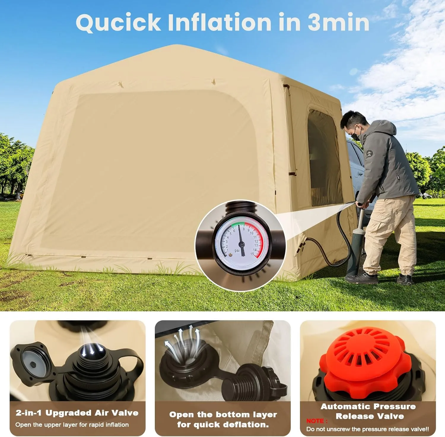 Inflatable Tents for Camping, Blow Up Tent with Hand Pump, Easy Setup Inflatable Hot Tent with Stove Jack, Waterproof Oxford Air Glamping Tents for Camping Adult 4-6 Person