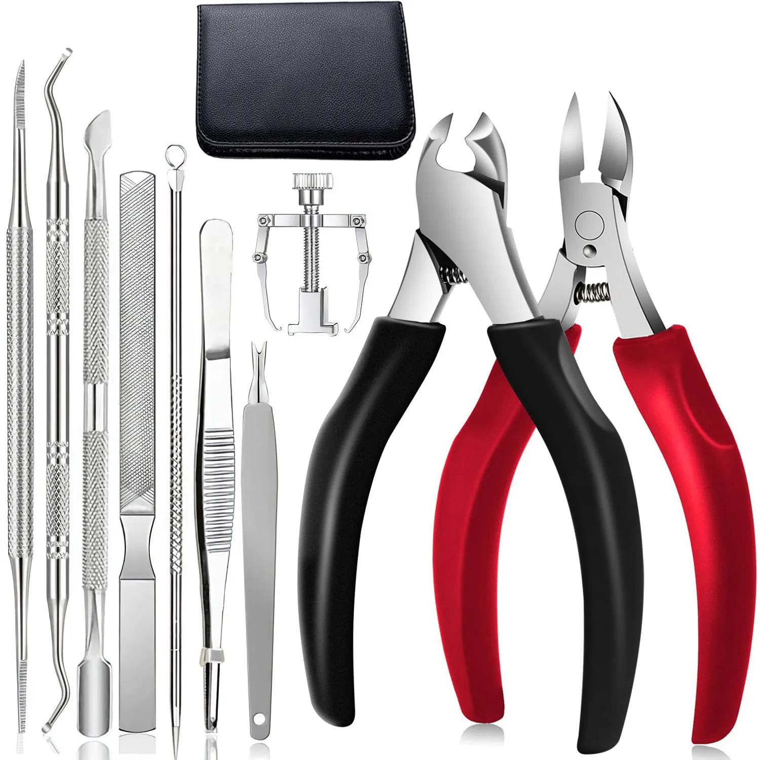 Ingrown Toenail Tools Stainless Steel Foot Nail Tools 10pcs,Toenail File and Lifter,Nail Clipper,Cuticle Cutters,Cuticle Pusher and Manicure Pedicure Tools for Ingrown and Thick Nail (Black Red)