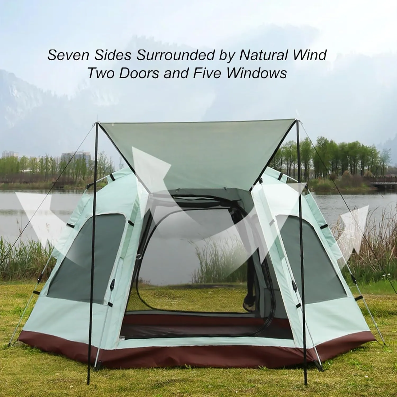 Instant Camping Tent Outdoor Automatic Pop Up Hexagonal Tent 5-8 Person Large Rainproof Sunproof Portable Family Camping Tent 2 Doors 5 Windows with Vestibule