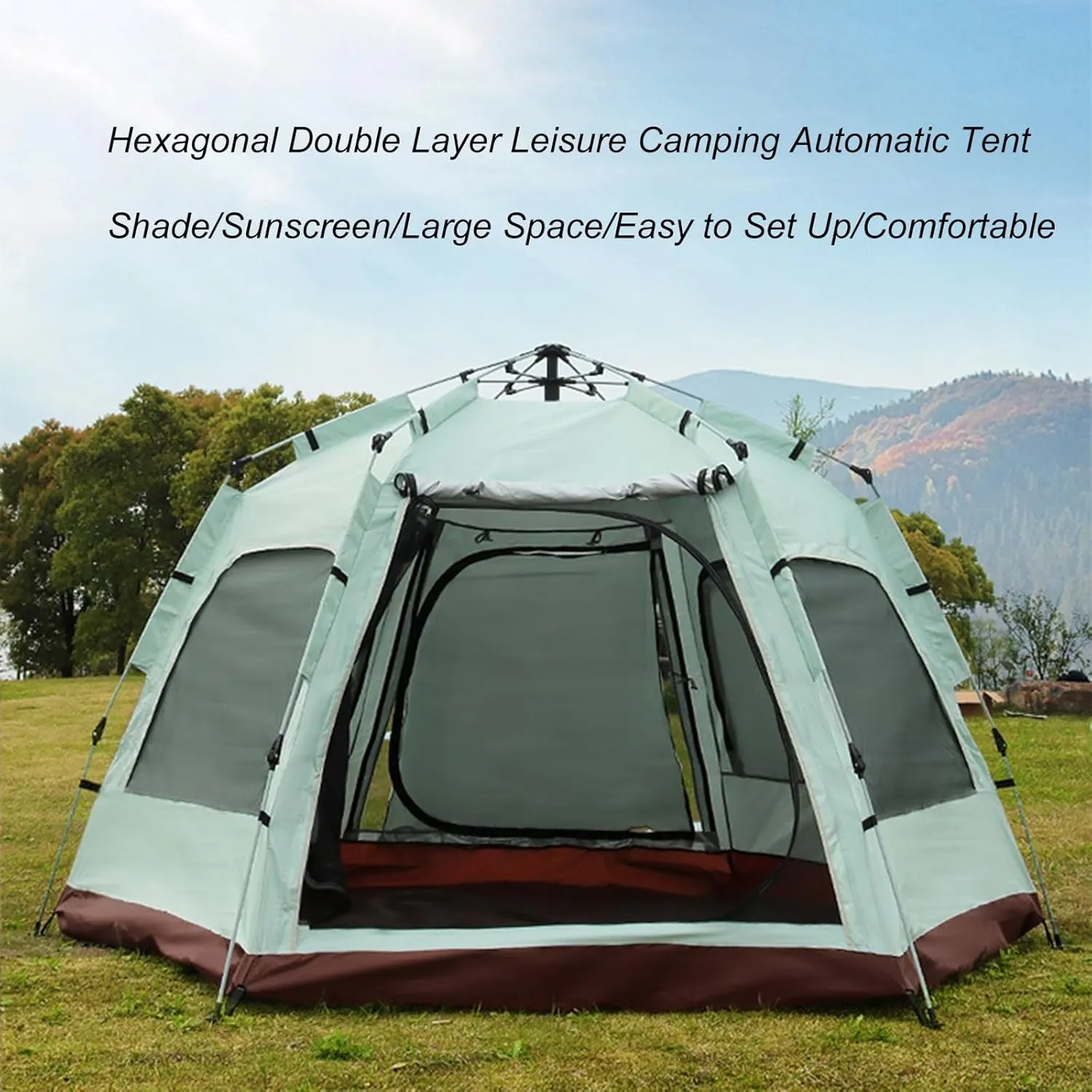Instant Camping Tent Outdoor Automatic Pop Up Hexagonal Tent 5-8 Person Large Rainproof Sunproof Portable Family Camping Tent 2 Doors 5 Windows with Vestibule