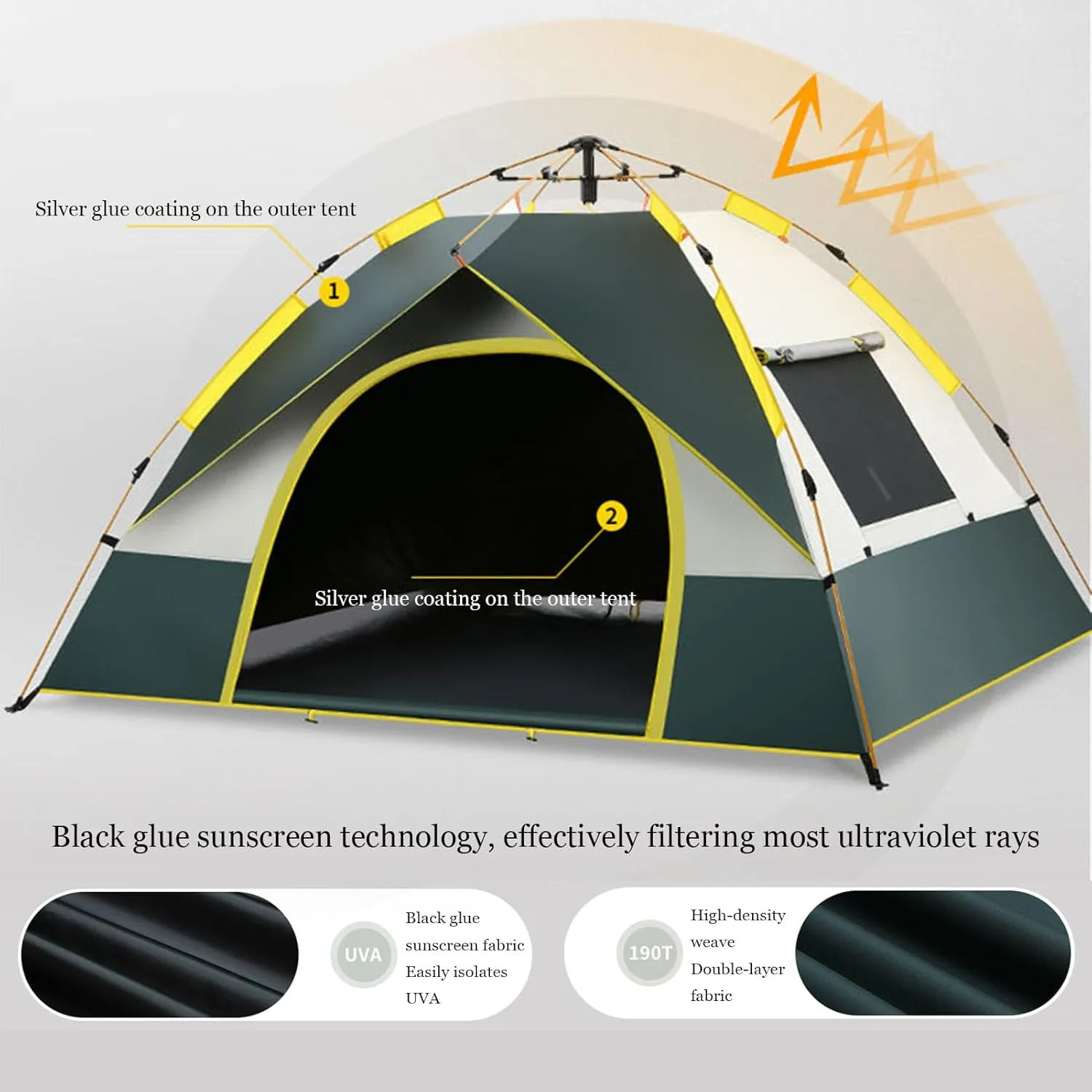 Instant Pop-Up Camping Tent for 4 People, Ultralight Dome Tents for 3 Seasons, Waterproof & Windproof & UV-Resistant Design with Carry Bag, 2 Doors and 2 Windows, Tents for Camping