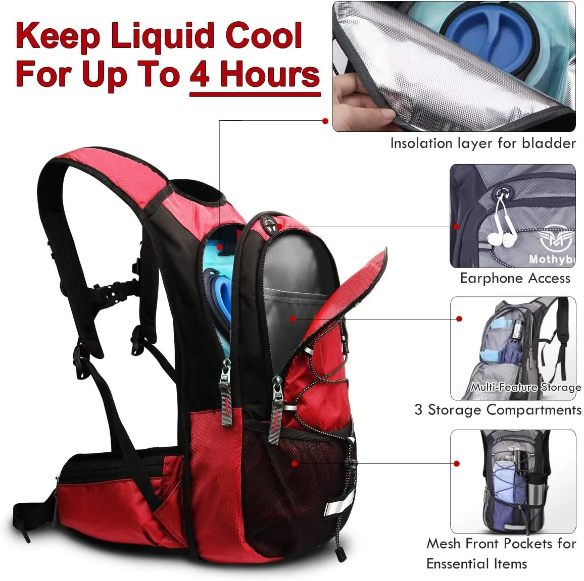 Insulated Hydration Backpack Pack with 3L BPA Free Leak Proof Water Bladder, Large Storage Lightweight Hiking Daypack with Waist Pouches & Cooler Layer, for Running, Biking, Camping, Festival