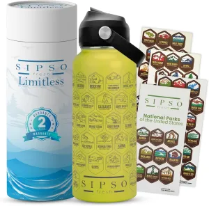 Insulated National park water bottle with stickers- Laser-Engraved logos, 32oz stainless steel, Straw Lid - Great Gift for Hikers & Outdoor Lovers(Yellow)