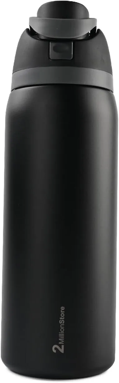 Insulated Water Bottle – Stainless Steel, Leakproof, 24H Cold & 12H Hot, Straw & Spout Lid, BPA-Free, Travel, Gym, Hiking, Sports Flask (Black, 24 Oz / 706ml)